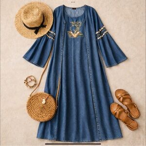 Boho Bohemian Denim Dress & Duster Set Shell Embroidered Festival 3X Lagenlook